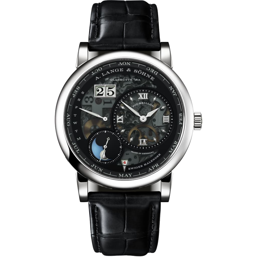 Front side of LANGE 1 TOURBILLON PERPETUAL CALENDAR “Lumen“ in 950 platinum, reference 720.035FE
