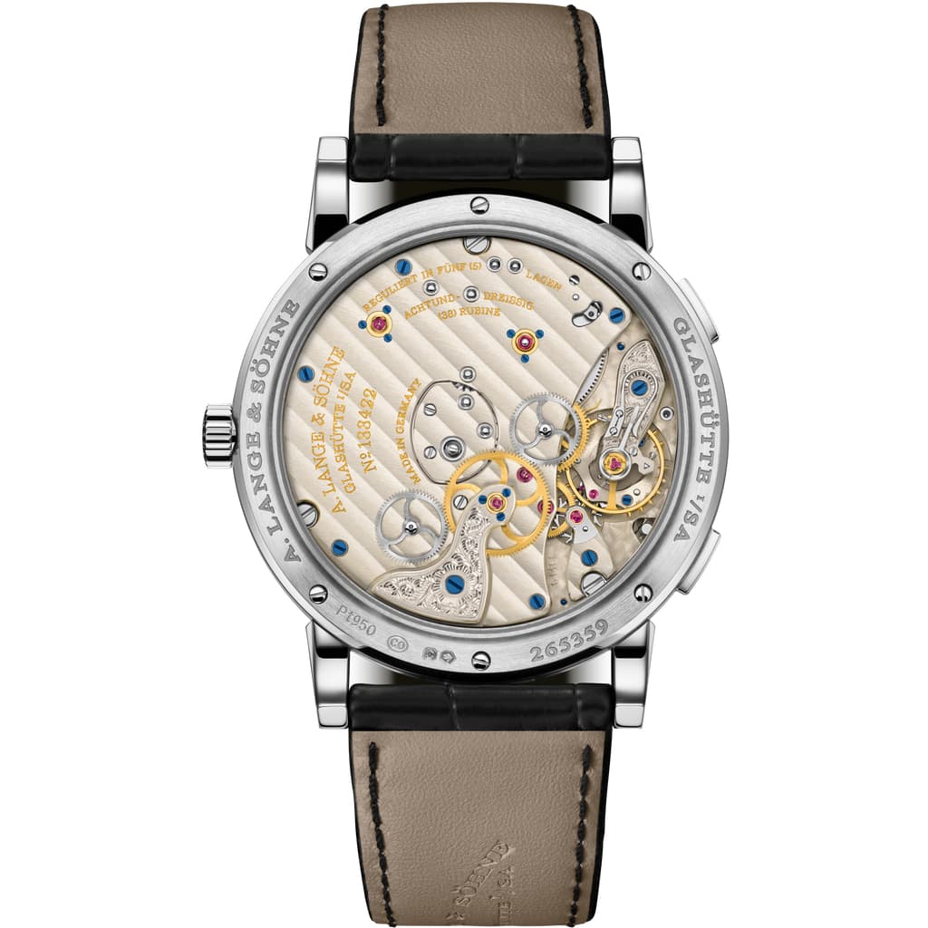 Back side of LANGE 1 TIME ZONE in 950 platinum, reference 136.025