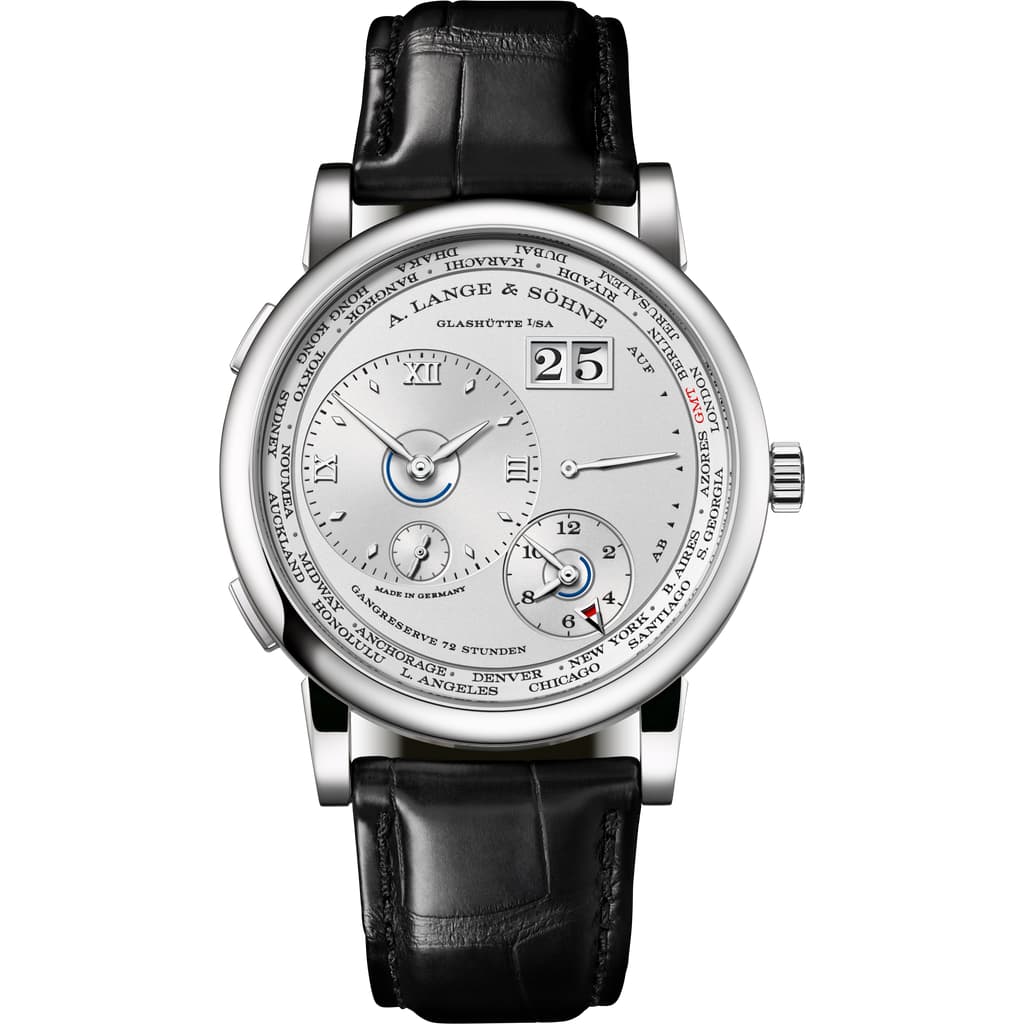 Front side of LANGE 1 TIME ZONE in 950 platinum, reference 136.025
