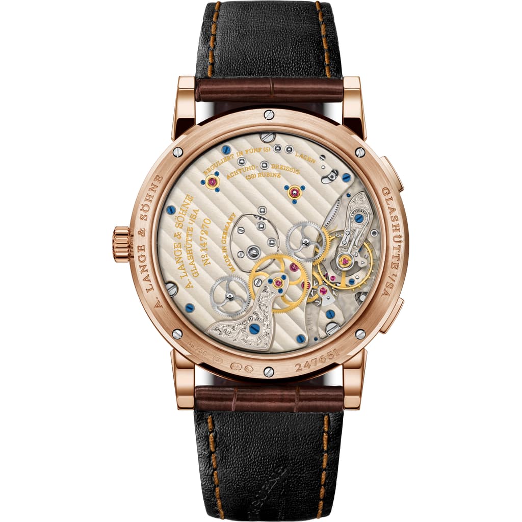 Back side of LANGE 1 TIME ZONE in 750 pink gold, reference 136.032