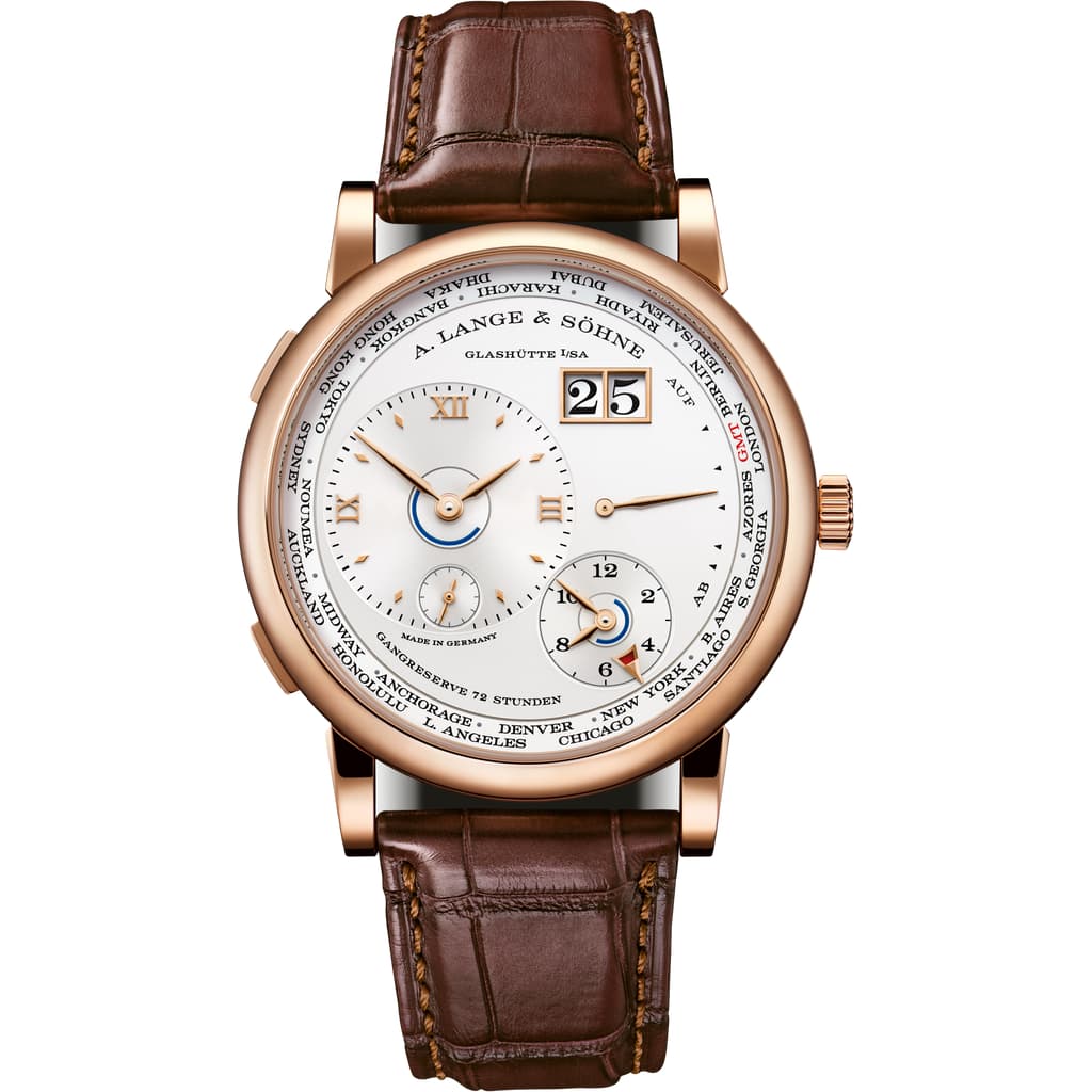 Front side of LANGE 1 TIME ZONE in 750 pink gold, reference 136.032