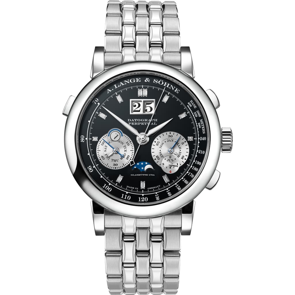 Front view of the A. Lange & Söhne Datograph Perpetual ref. 410.136E on its platinum bracelet
